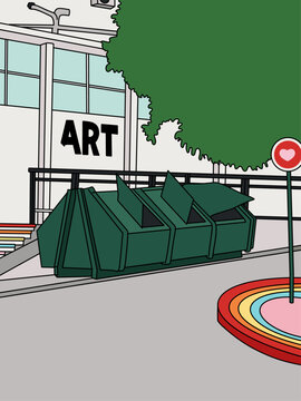Vector Illustration of a Green Garbage Dumpster in Urban Background with Street Art, Rainbow Sidewalks, Big Tree, Heart Sign and Building with Windows on the Background