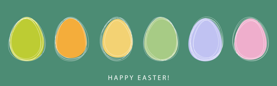 Easter eggs illustration with pastel hand-drawn outlines on green background, Happy Easter holiday banner template for greeting card, spring poster, social media, seasonal packaging or web design