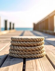 Fototapeta premium Thick Natural Fiber Rope Stacked on Wooden Boardwalk Overlooking Ocean Horizon