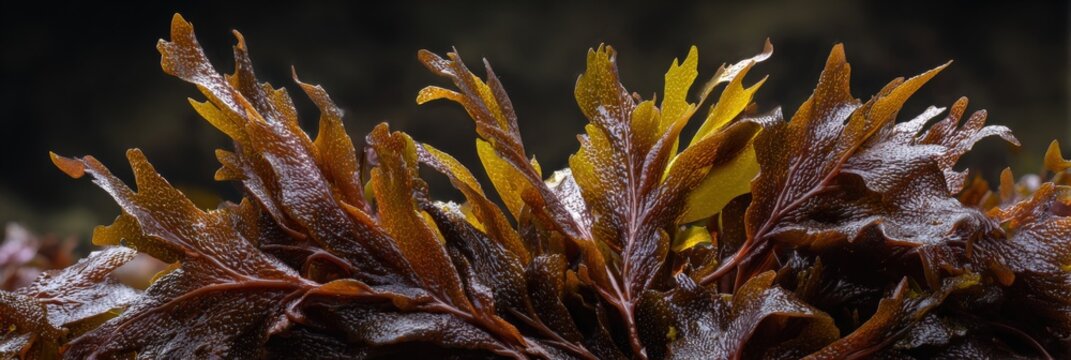 Kelp brown seaweed macro texture marine algae fronds wet coastal ocean blades natural aquatic botanical cluster closeup