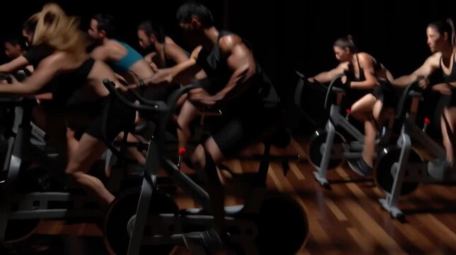 Intense Indoor Cycling Workout: A dynamic group of fitness enthusiasts are passionately engaged in a high-energy indoor cycling class, each rider deeply focused and committed to their workout.