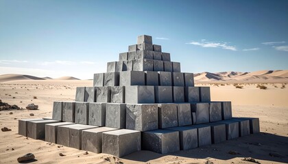 A large pyramid-shaped sculpture made of perfectly uniform grey granite cubes stacked meticulously in a desert landscape under a clear blue sky.
