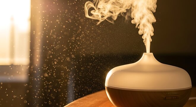Aroma diffuser releases aromatic steam into the air in a warm room creating a relaxing and soothing environment with health benefits for wellness and