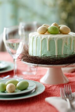 Pistachio green drip cake with speckled candy eggs on nest base and matching plates with wine glass in festive spring table arrangement
