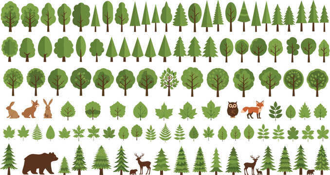 Forest trees, plants and woodland animals collection with bear, deer, fox, rabbit and owl, nature forest ecosystem vector illustration set