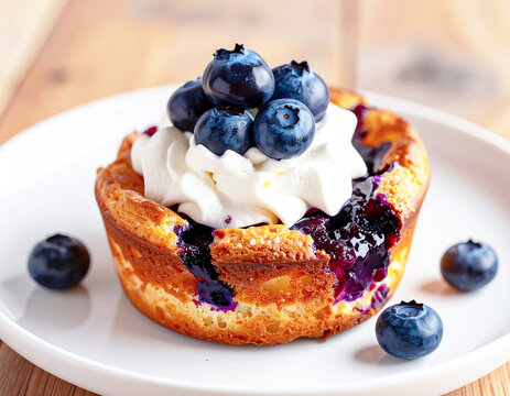 Blueberry popover with whipped cream, closeup. AI