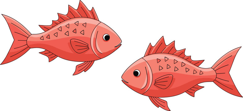 Red snapper fish cartoon illustration, tropical marine seafood animal pair isolated vector for ocean wildlife, fishing, aquarium and seafood design