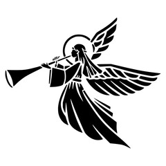A minimalist black silhouette of an angel blowing a trumpet with wings spread wide on a white background © Muhammad Asim