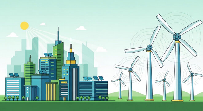 Sustainable cityscape with wind turbines and skyscrapers under sunny sky with green landscape