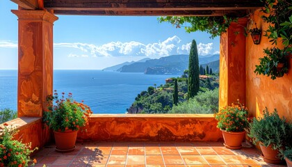 Fototapeta premium Terracotta Balcony Overlooking Mediterranean Sea and Coastal Hills Sunny Day