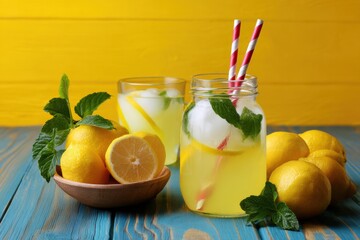 Fototapeta premium Mason jar lemonade with mint and striped straws on blue wooden table lemons and leaves vibrant summer refreshment