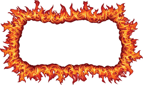 A fiery rectangular frame with flames on a white background for graphic design use