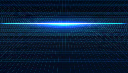 Futuristic 3D perspective grid background in neon blue, featuring a bright glowing light at the central horizon line. Digital landscape symbolizes cyberspace, data visualization, and virtual reality. © gusense