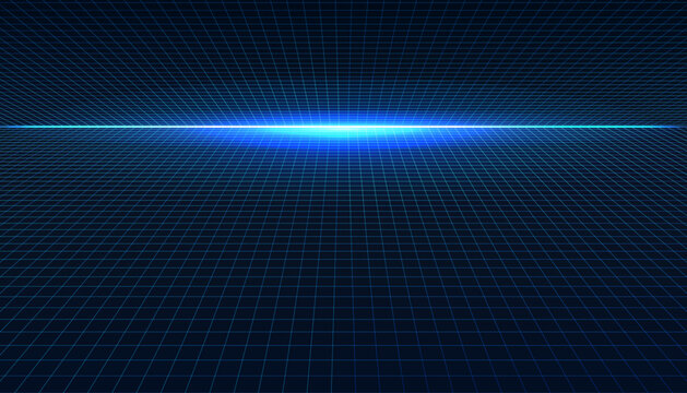 Futuristic 3D perspective grid background in neon blue, featuring a bright glowing light at the central horizon line. Digital landscape symbolizes cyberspace, data visualization, and virtual reality.