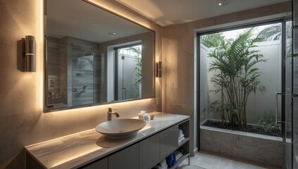 Fototapeta premium Chic, contemporary bathroom featuring a spacious mirror and illumination
