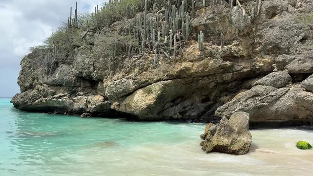 Turquoise Caribbean waves crash on a sandy shore beneath a rugged limestone cliff covered in tall cacti in Curazao.