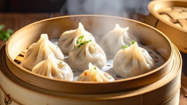 Steaming dumplings in a bamboo steamer, a delicious and traditional Asian cuisine.