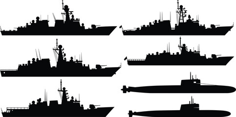 Naval warships, submarines, destroyer silhouettes, military navy vessels, maritime defense ships, naval fleet collection, sea warfare vector icons