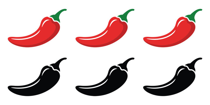Hot chili pepper icon set in vector format, including various hot peppers and paprika, designed for food design, restaurant menus, spice packaging, cooking apps, and culinary branding graphics.