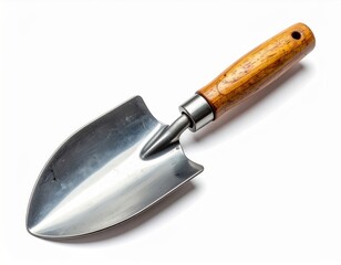 Garden Trowel with Serrated Edge and Wooden Handle Isolated on White Background