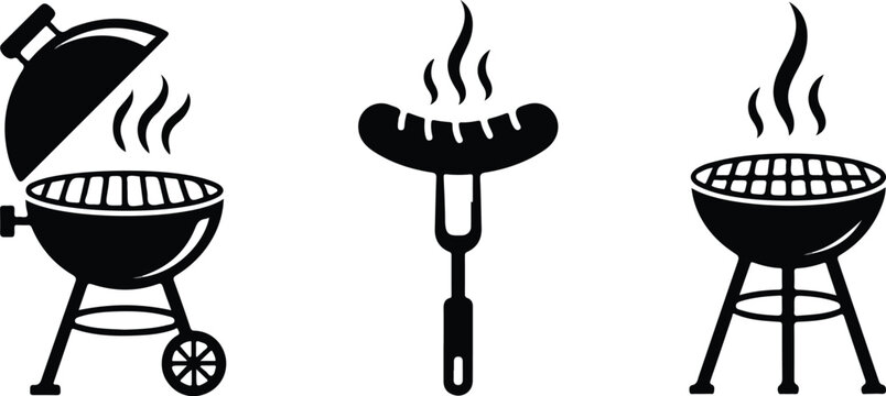 Barbecue grill silhouette set with charcoal kettle braai and sausage on fork isolated on white background flat vector