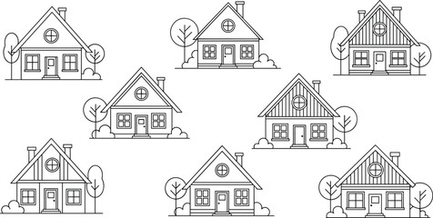 Fototapeta premium Hand Drawn House Outline Vector Set with Cozy Cottage Homes Trees and Windows Simple Line Illustration for Real Estate Architecture and Neighborhood Design