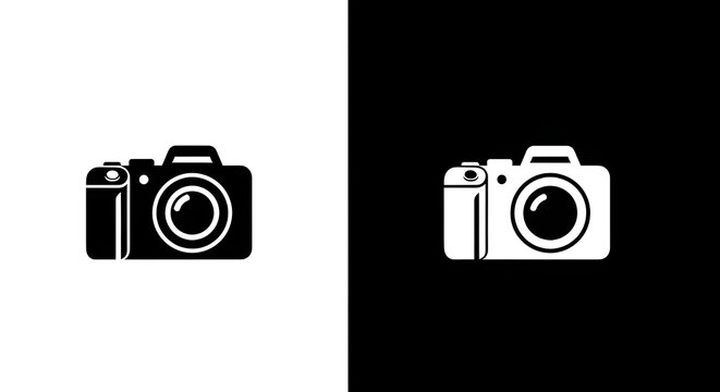 A black camera icon on a white background and a white camera icon on a black background