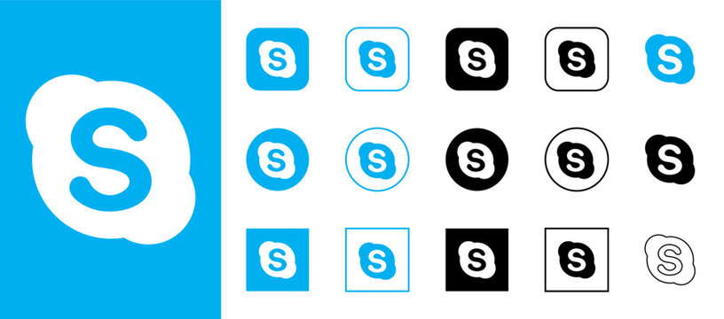 Skype logo icon collection with various styles in different shapes and sizes on white background.