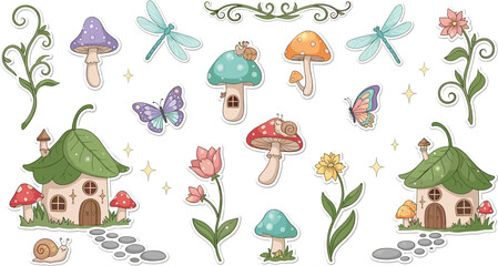 Cute fantasy forest elements vector set with mushroom houses, snails, butterflies, dragonflies, flowers and magical woodland illustration © MdMojnu