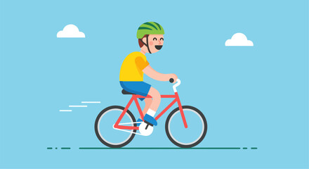 Obraz premium Happy Young Boy Riding Bicycle Wearing Helmet For Safety Activity