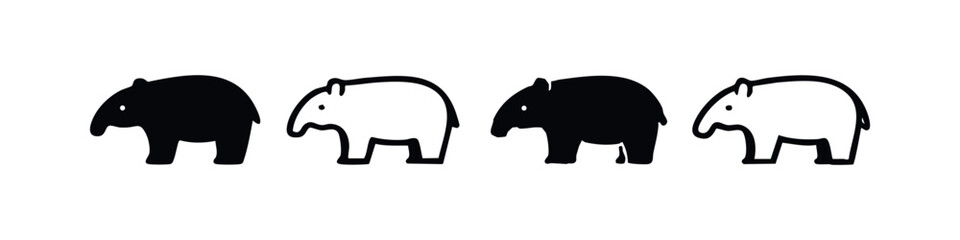 Fototapeta premium Stylized Tapir Icon Set. Black and White Mammal Silhouette and Outline Illustrations, Wild Animal Collection.
