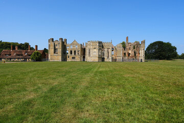 Historic Cowdray Ruins in Midhurst, Ancient Tudor Mansion Architecture in English Countryside