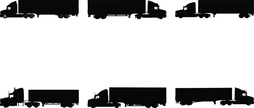 Set of six diverse black silhouette semi-trailer trucks and tractor-trailers displayed from a side profile on a clean white background.