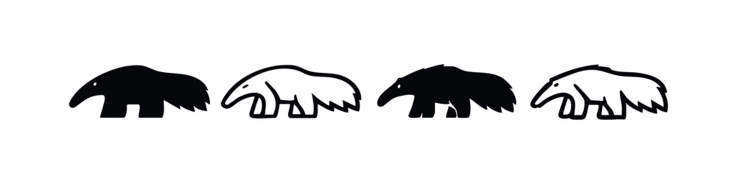 Anteater Vector Icons. Wild Animal Silhouette and Outline Illustrations for Nature and Wildlife Themes.