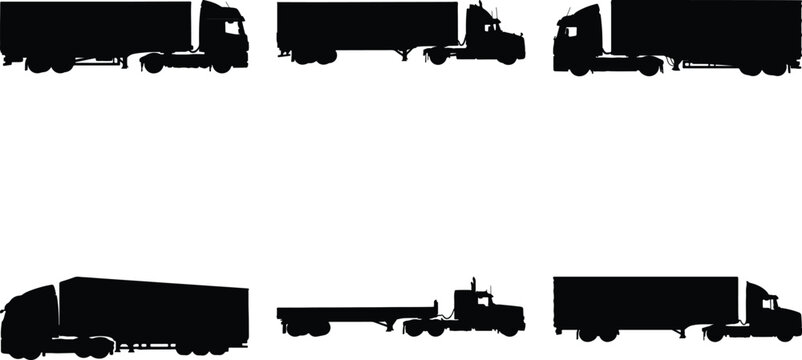 Set of six distinct black silhouette semi-trailer trucks, diverse designs and perspectives, perfect for illustrating freight and shipping services.