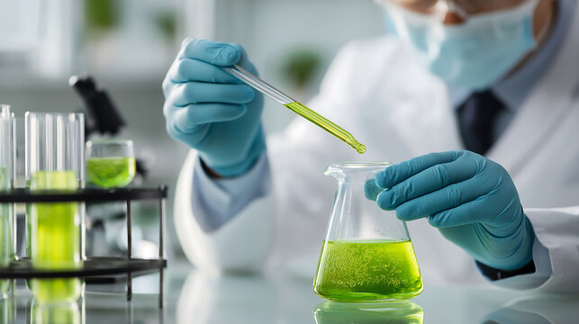 A scientist in a lab coat and blue gloves uses a pipette to drop bright green liquid into an Erlenmeyer flask. More test tubes with green liquid are visible in the background