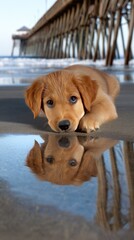 Fototapeta premium Golden retriever dog lying on the beach at sunset near water with pier in background offering copy space for text