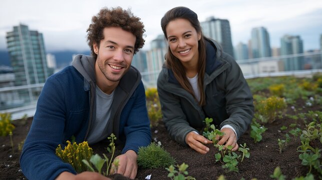 Young couple planting native wildflower seedlings in urban rooftop garden with city skyline visible under overcast sky for Earth Day restoration project, perfect for environmental action,