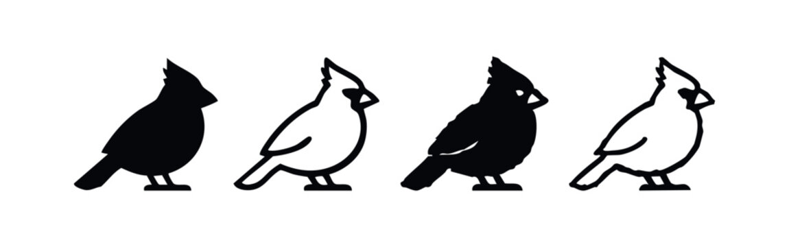 Stylized Cardinal Bird Icon Set, Black and White Silhouette