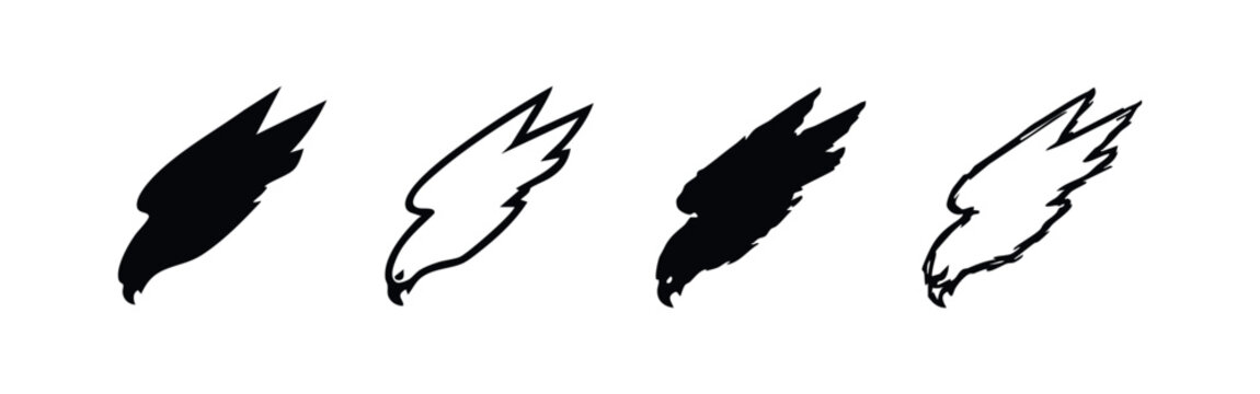Diving Falcon Head Icons: Minimalist Black and White Vector Bird Illustrations