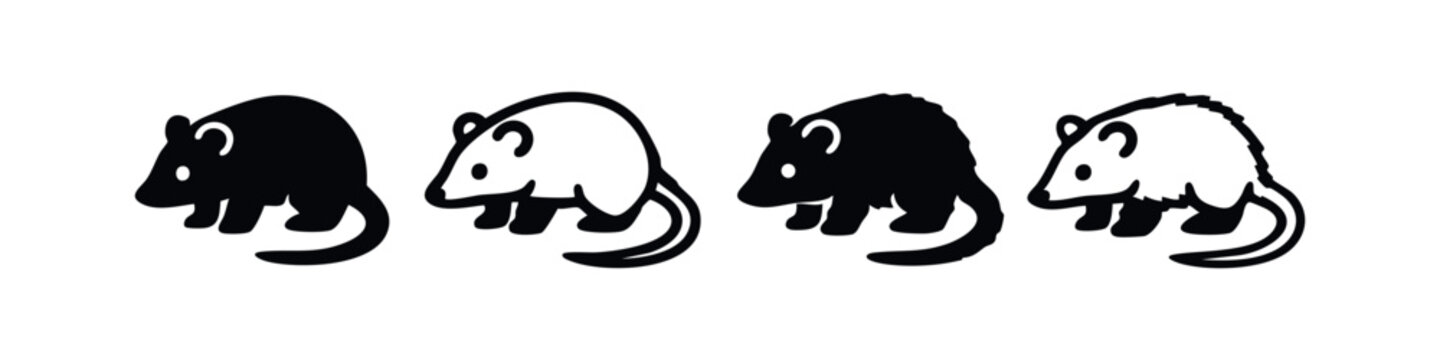 Opossum or Possum Animal Icon Set in Black and White Silhouette and Outline Style