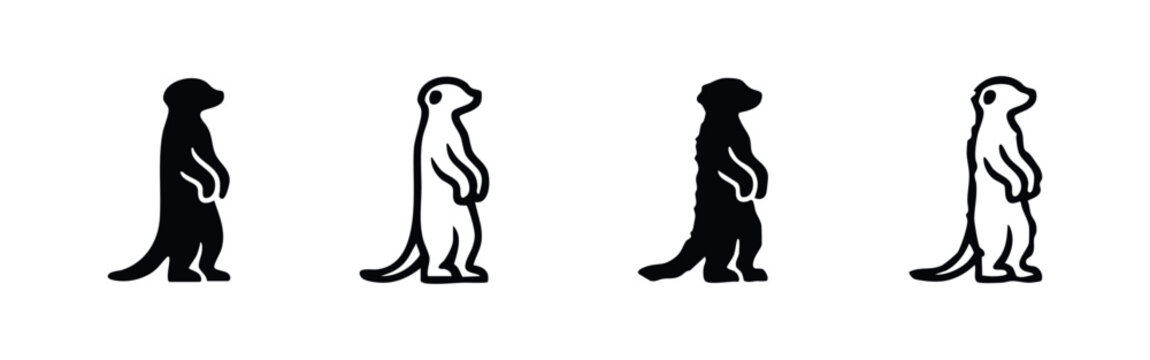 Standing Meerkat Animal Icon Set in Black and White Silhouette and Outline Style