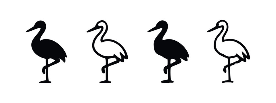 Stork or Crane Bird Icon Set Standing on One Leg in Black and White Silhouette and Outline Style
