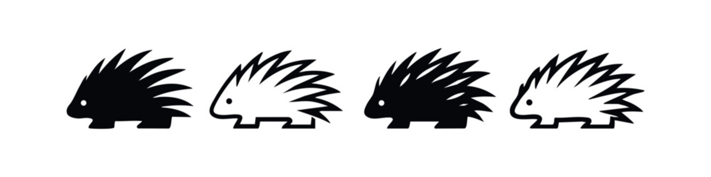 Stylized porcupine icon set. Black silhouette and outline of a prickly porcupine on a white background. Vector illustration.