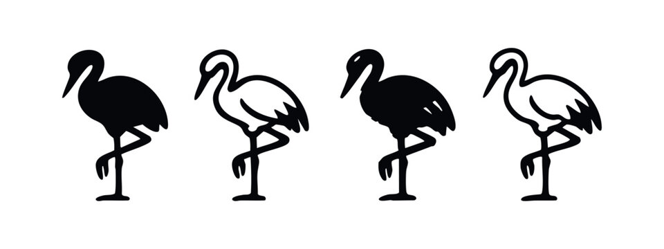 Stork or Crane Bird Icon Set Standing on One Leg in Black and White Silhouette and Outline Style