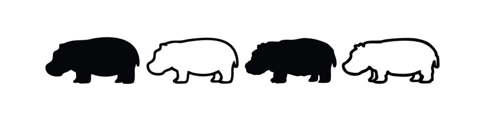 Fototapeta premium Simple Hippopotamus Icons Set. Cute Hippo Vector Silhouettes and Outlines on White Background.