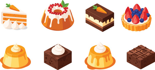 Delicious cake and dessert collection with carrot cake, bundt cake, berry tart, chocolate brownies, caramel pudding, sweet bakery vector illustration. © "Hello"