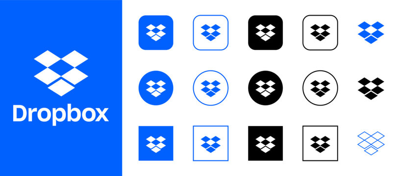 Dropbox logo icon collection with various styles in different shapes and sizes on white background.