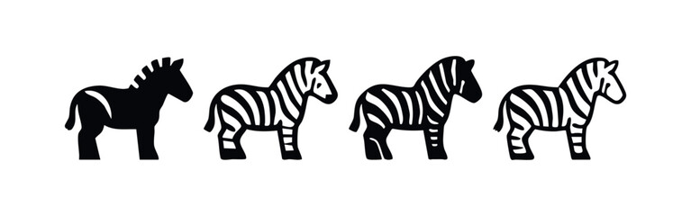 Fototapeta premium Collection of Stylized Zebra Icons, Four Distinct Zebra Illustrations, Abstract Zebra Vector Set on White Background