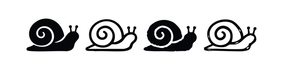 Stylized Snail Icons Set, Black and White Snail Vector Graphics, Abstract Gastropod Illustrations on White Background © liubomir118809